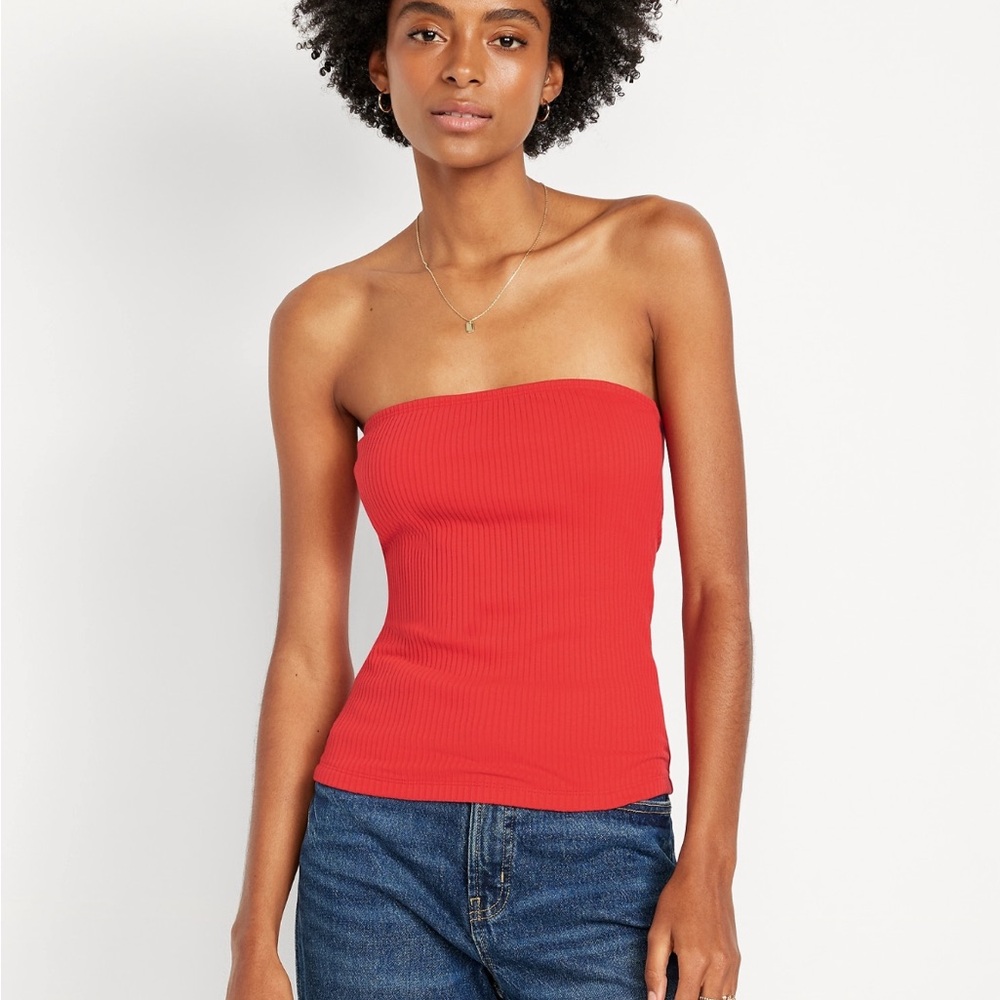 Red Strapless Ribbed Top